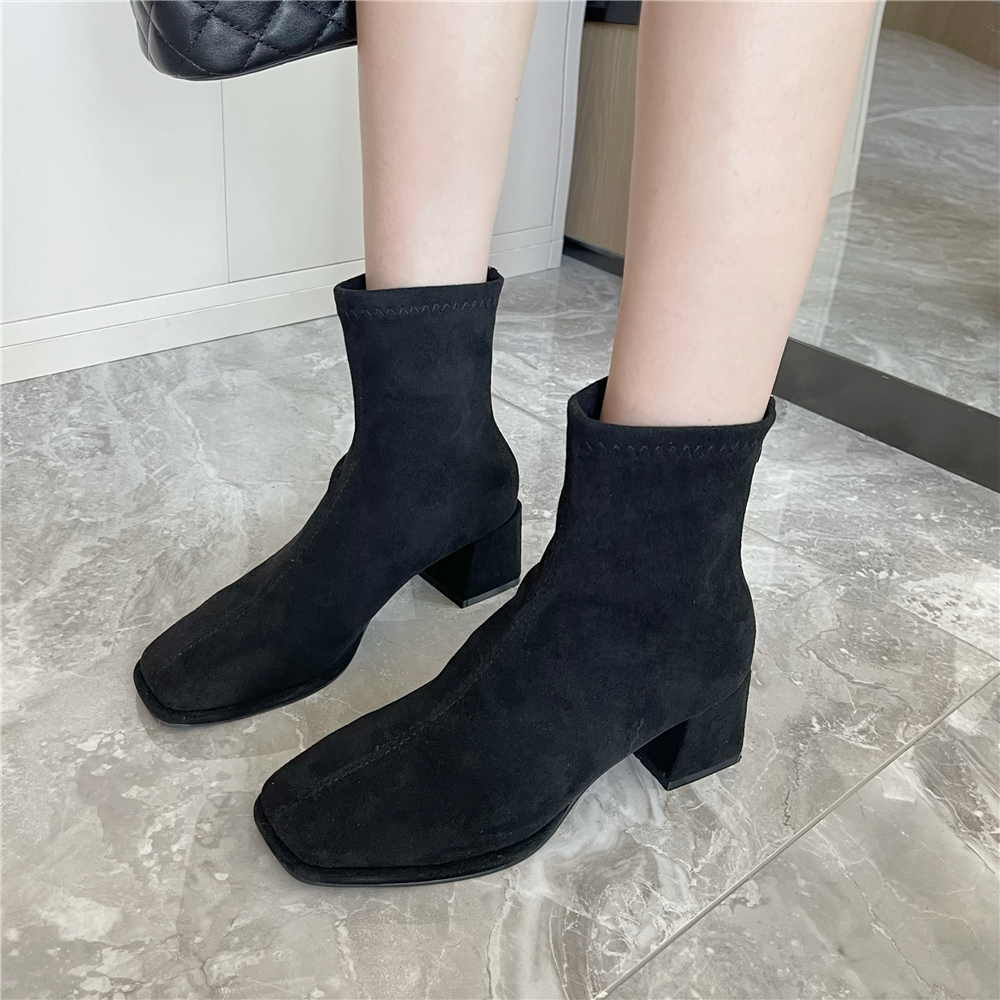 2022 Autumn Square Toe Suede Slim Ankle Boots Women's Fashion Chunky Heel Martin Boots Short Stacked Heel Stretch Sock Boots - Image 3