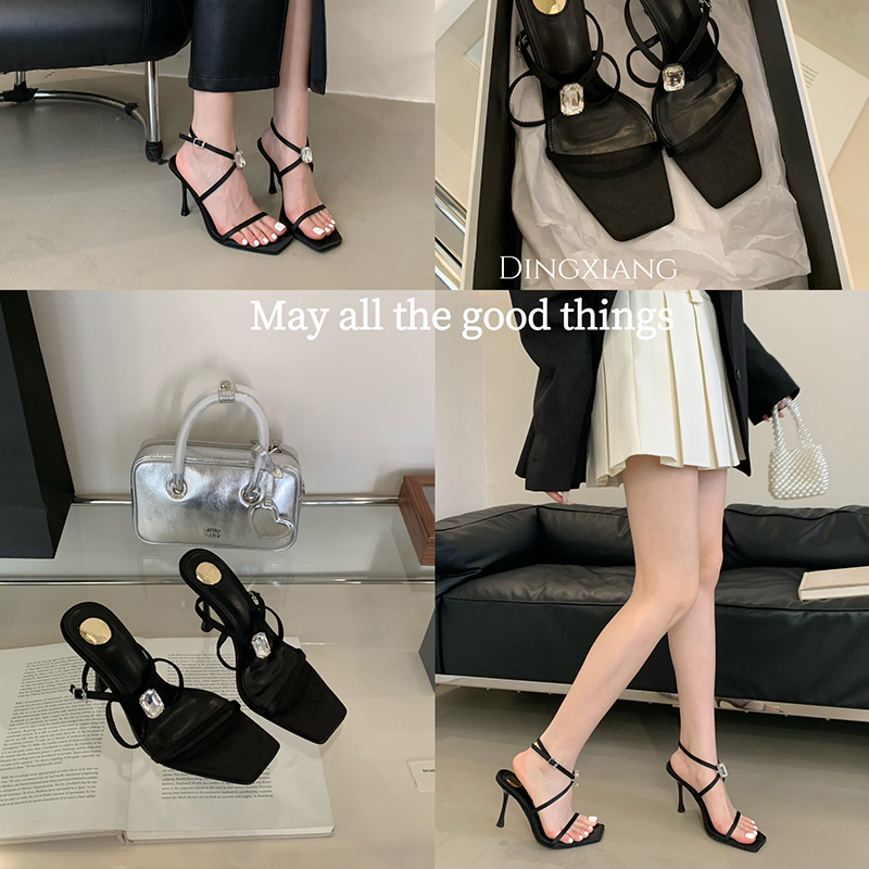 2025 New Spring Summer Square Toe Open Toe One-Strap Rhinestone High Heel Black Satin Sexy Women Sandals - Image 2