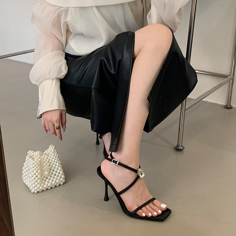 2025 New Spring Summer Square Toe Open Toe One-Strap Rhinestone High Heel Black Satin Sexy Women Sandals - Image 3