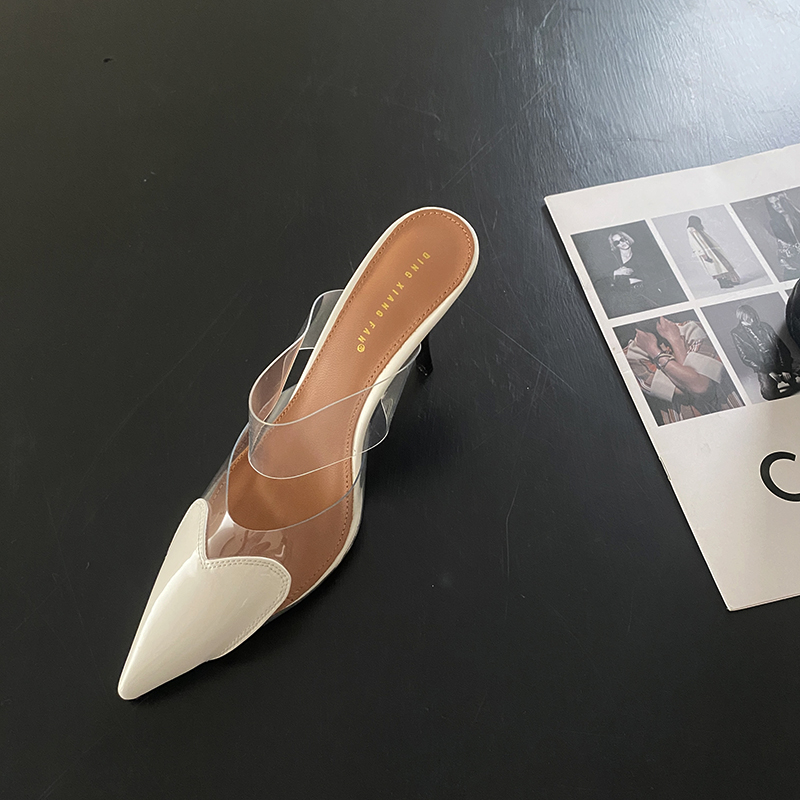 2025 Spring Summer High Heel Transparent Heart Two-Tone Women's Shoes Korean Style Shallow Mouth Covered Toe Half Slippers Pointed Toe Women's Shoes - Image 2