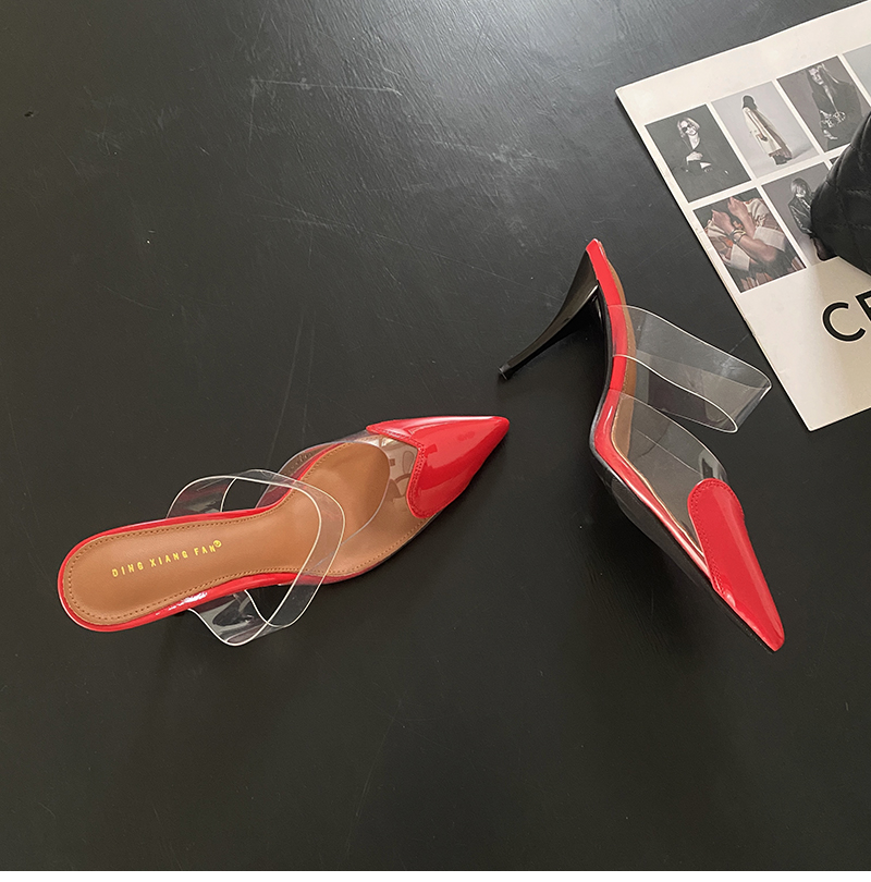 2025 Spring Summer High Heel Transparent Heart Two-Tone Women's Shoes Korean Style Shallow Mouth Covered Toe Half Slippers Pointed Toe Women's Shoes - Image 3