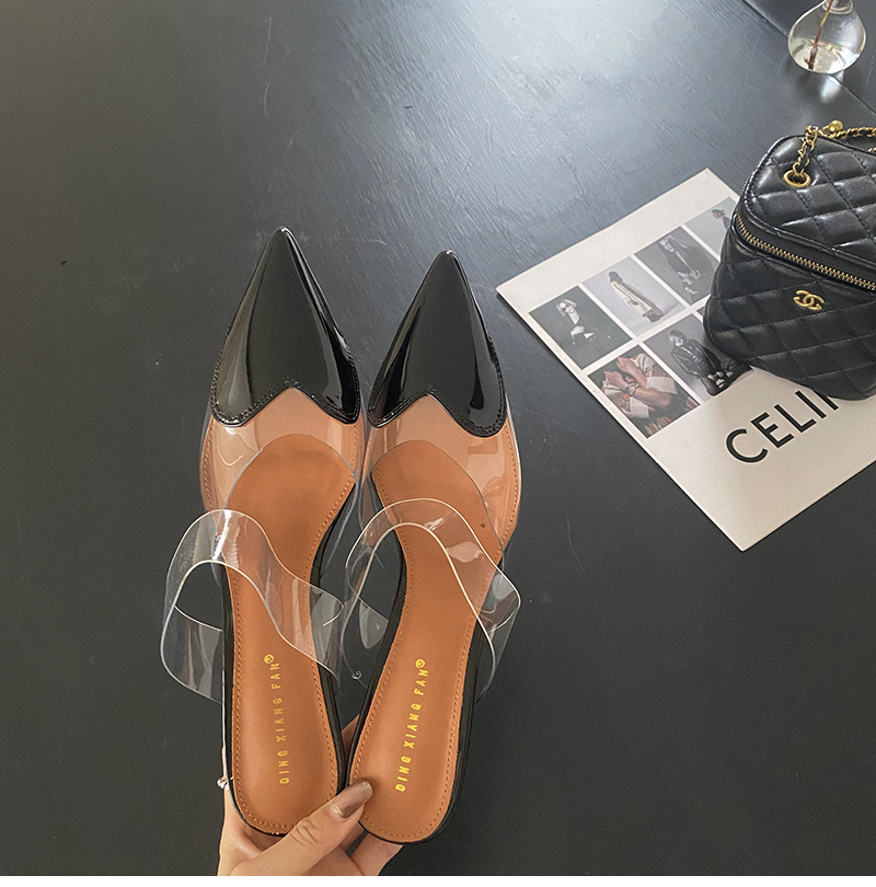 2025 Spring Summer High Heel Transparent Heart Two-Tone Women's Shoes Korean Style Shallow Mouth Covered Toe Half Slippers Pointed Toe Women's Shoes - Image 4