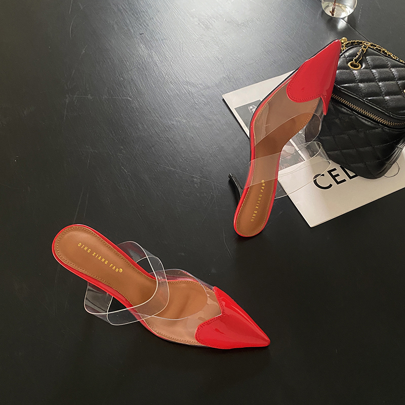 2025 Spring Summer High Heel Transparent Heart Two-Tone Women's Shoes Korean Style Shallow Mouth Covered Toe Half Slippers Pointed Toe Women's Shoes - Image 5