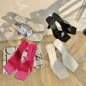 2025 Spring Summer High Heel Transparent Sandals Simple Square Toe Solid Color Slippers Fashion Versatile Women Open Toe Shoes