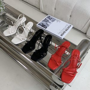 2025 European American Style Thin Strap High Heel Sandals Fashion Queen Buckle Square Toe Open Toe Women's Shoes Simple Temperament Sandals