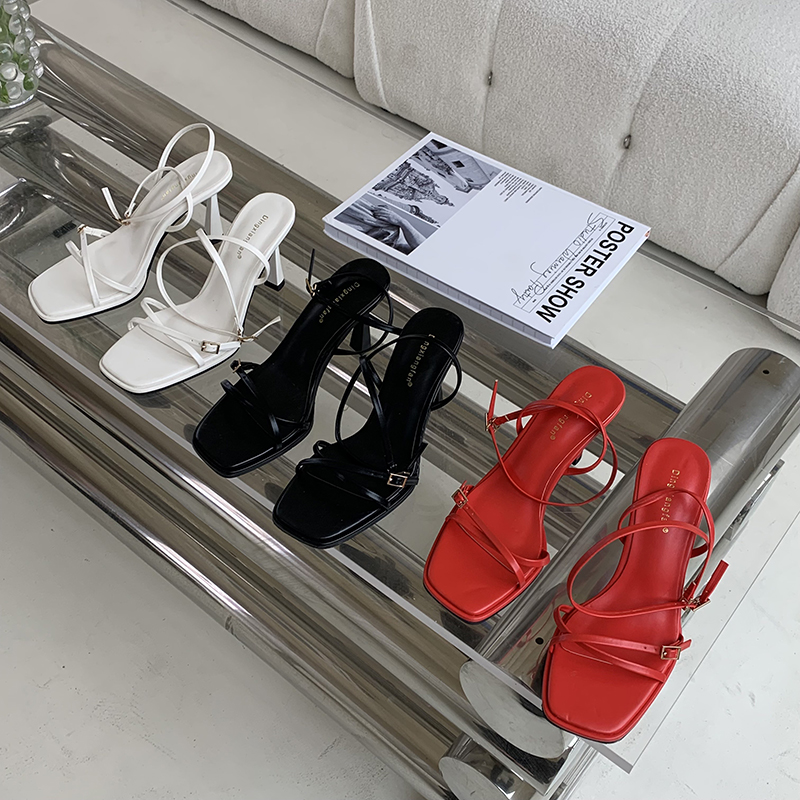 2025 European American Style Thin Strap High Heel Sandals Fashion Queen Buckle Square Toe Open Toe Women's Shoes Simple Temperament Sandals