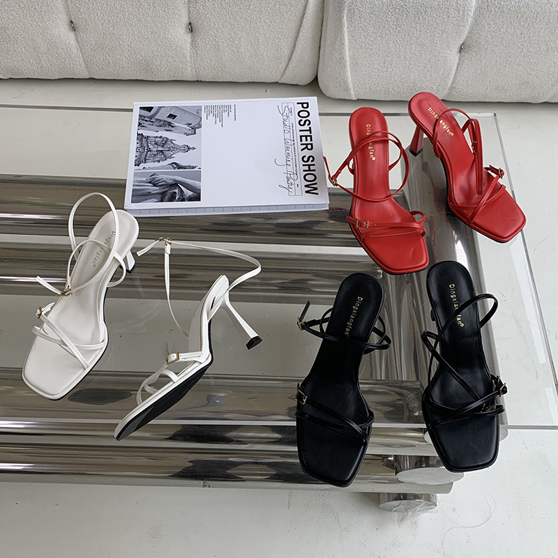 2025 European American Style Thin Strap High Heel Sandals Fashion Queen Buckle Square Toe Open Toe Women's Shoes Simple Temperament Sandals - Image 4