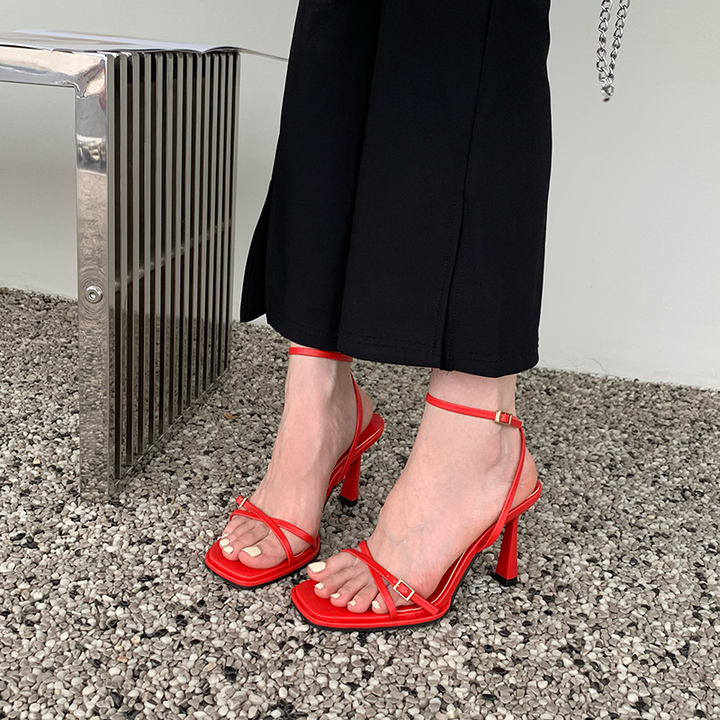 2025 European American Style Thin Strap High Heel Sandals Fashion Queen Buckle Square Toe Open Toe Women's Shoes Simple Temperament Sandals - Image 5