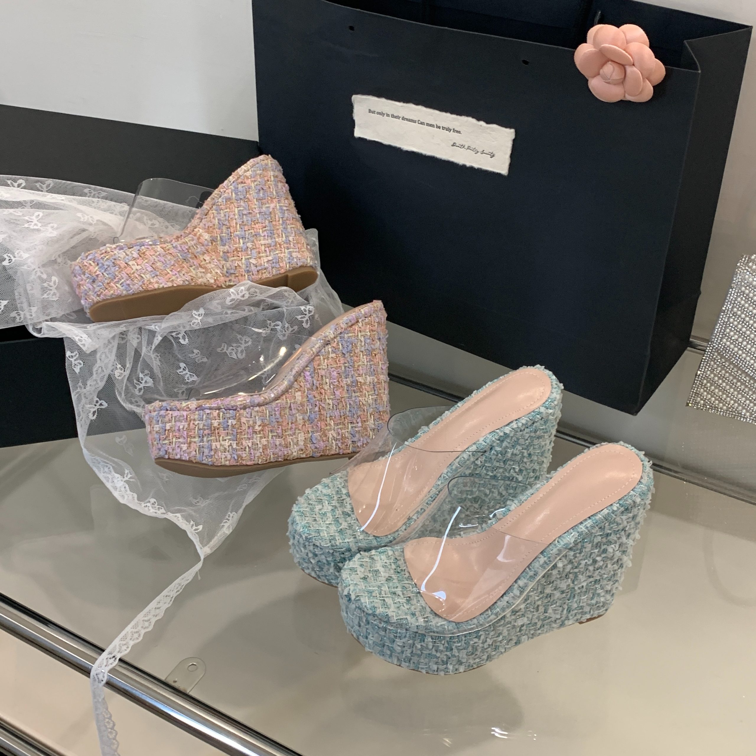 Chanel Style Candy Color Cute Wedge 13CM High Heel Transparent Vacation Sandals Slippers 35-40 - Image 5