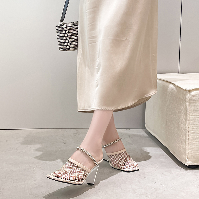 2025 New Temple Mesh Rhinestone Crystal Heel Wedge Women's Sandals 35-40 Black Apricot - Image 4