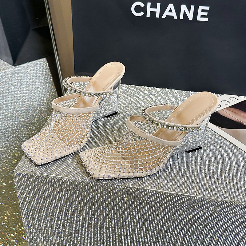 2025 New Temple Mesh Rhinestone Crystal Heel Wedge Women's Sandals 35-40 Black Apricot - Image 5