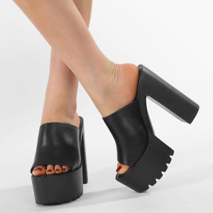Women's Summer Open Toe Platform Slippers 14cm High Heel Chunky Heel PU Strappy Sandals 34-40