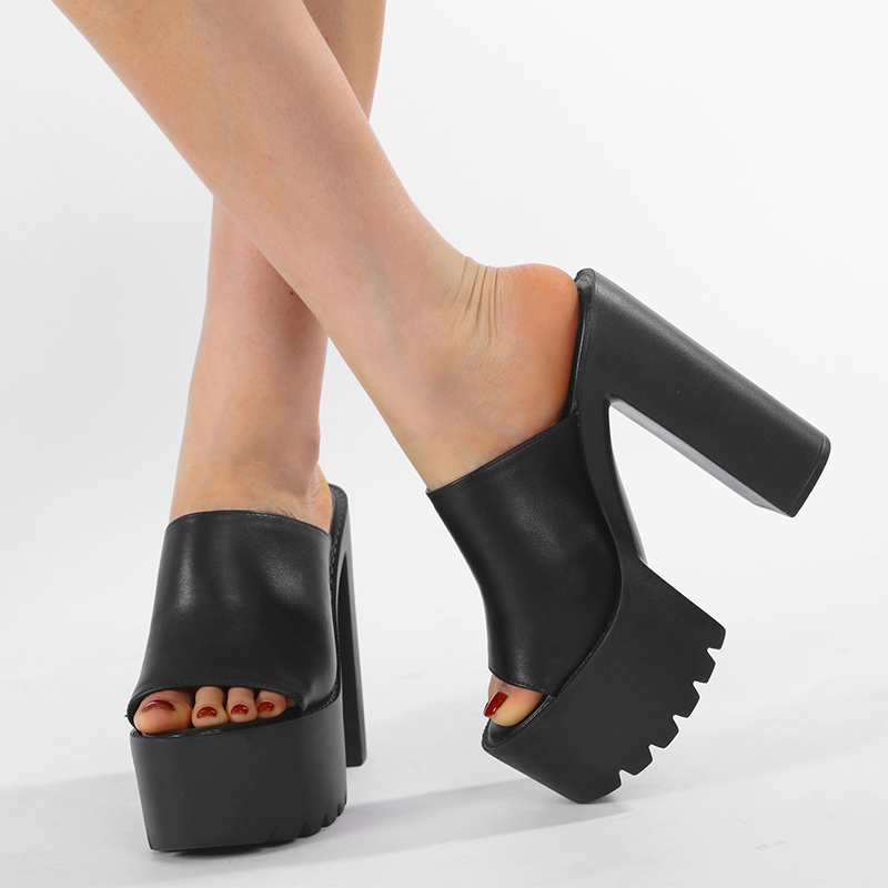 Women's Summer Open Toe Platform Slippers 14cm High Heel Chunky Heel PU Strappy Sandals 34-40