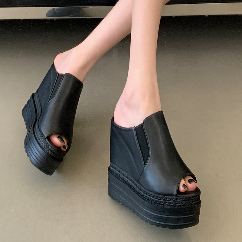 Women's Summer Outdoor Slippers 12cm High Heel Wedge One-Band Open Toe 34-39