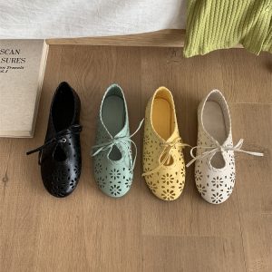 Retro Flat Leather Mary Jane Shoes for Women 2026 New Lace-up Hollow Out Breathable Casual Shoes