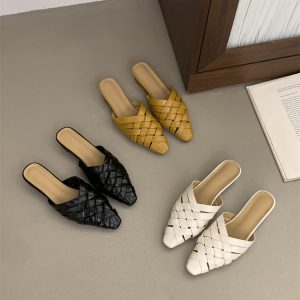 Woven Mule Shoes for Women Summer Pointed Toe Cross Strap Open Toe Slippers Wedge Heel Slip-on Lazy Shoes Retro Roman Shoes