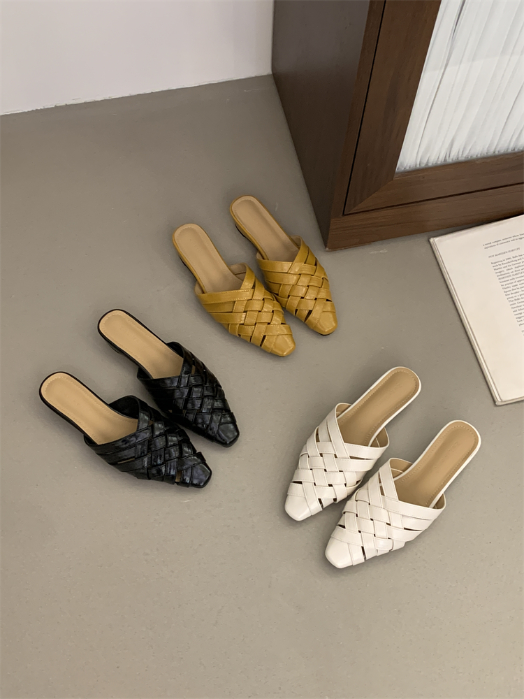 Woven Mule Shoes for Women Summer Pointed Toe Cross Strap Open Toe Slippers Wedge Heel Slip-on Lazy Shoes Retro Roman Shoes
