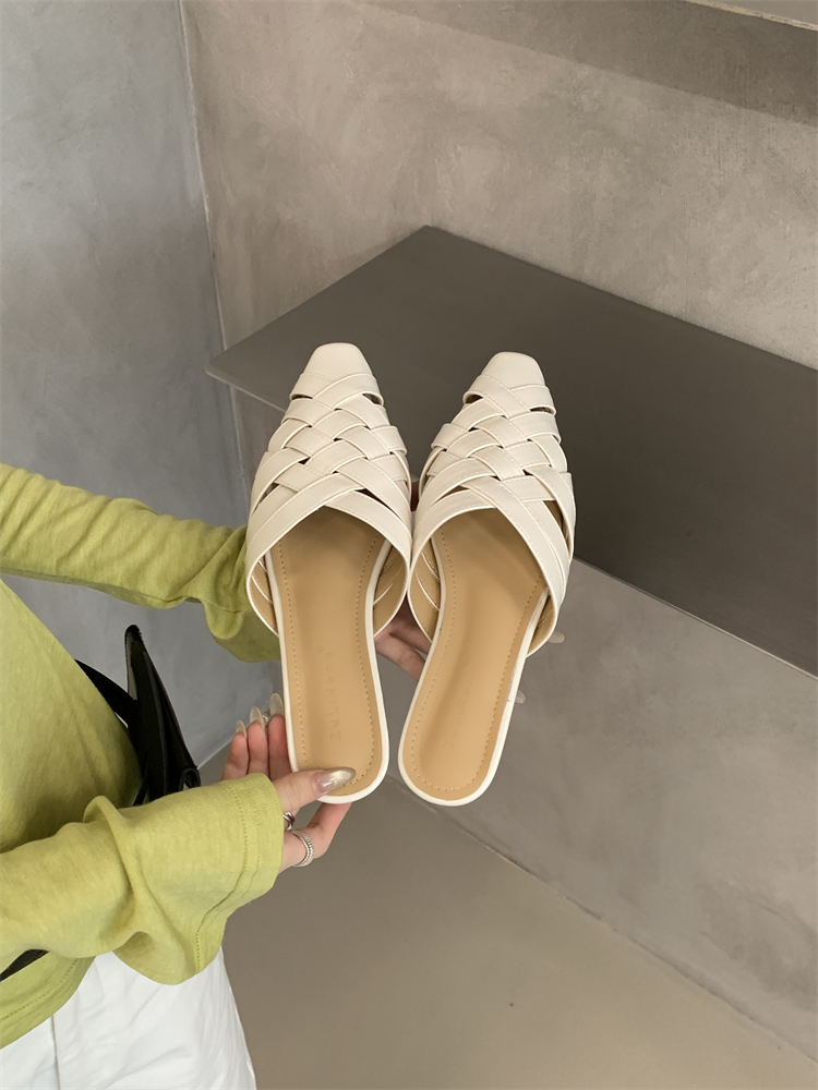 Woven Mule Shoes for Women Summer Pointed Toe Cross Strap Open Toe Slippers Wedge Heel Slip-on Lazy Shoes Retro Roman Shoes - Image 4