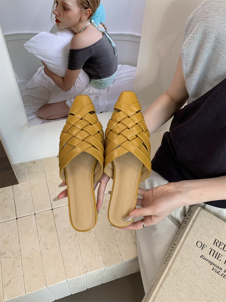 Woven Mule Shoes for Women Summer Pointed Toe Cross Strap Open Toe Slippers Wedge Heel Slip-on Lazy Shoes Retro Roman Shoes - Image 3