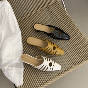 2026 New Autumn Hollow Out Open Toe Half Slippers Women's Wearing Outside Slope Heel Slip-on Mules Casual Summer Sandals