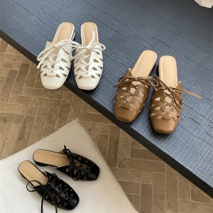 Women's Hollow Out Strap Mule Shoes Low Heel Retro Slip On Breathable Sandals