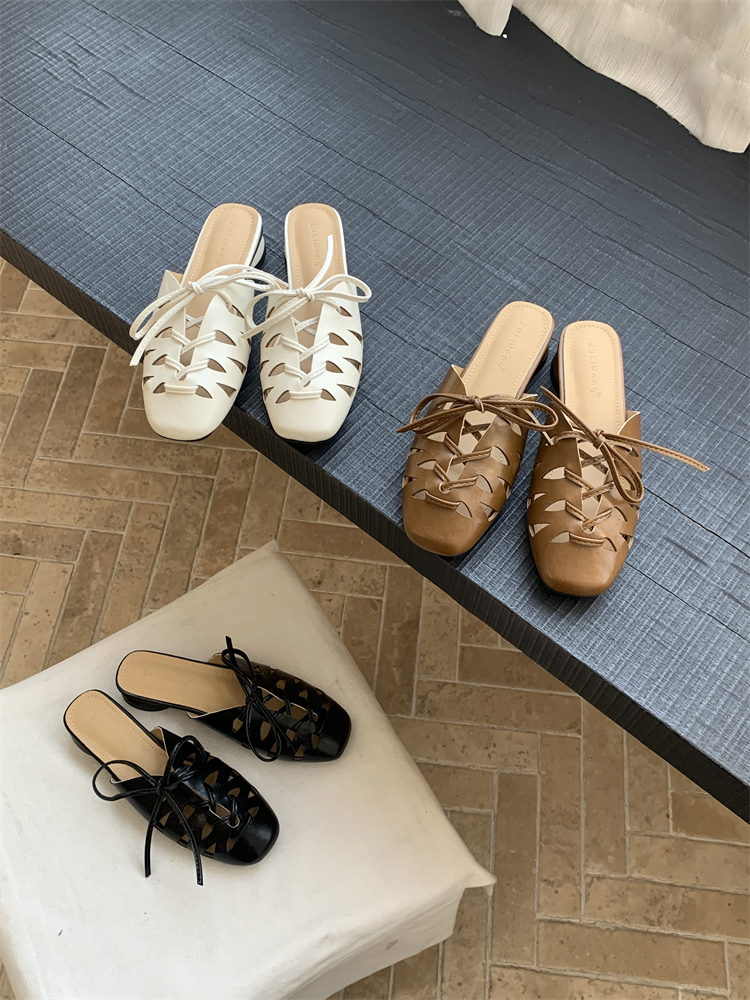 Women's Hollow Out Strap Mule Shoes Low Heel Retro Slip On Breathable Sandals