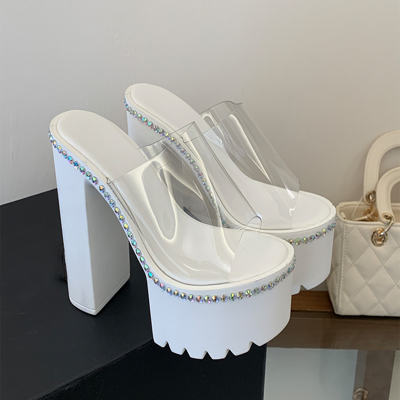 14cm High Heel Platform Transparent Rhinestone Slippers for Women Sizes 34-40 Summer Wedge Sandals - Image 4