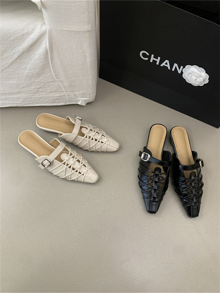 French Retro Hollow Out Slippers Women Low Heel Mule Shoes Slip On Casual Woven Sandals
