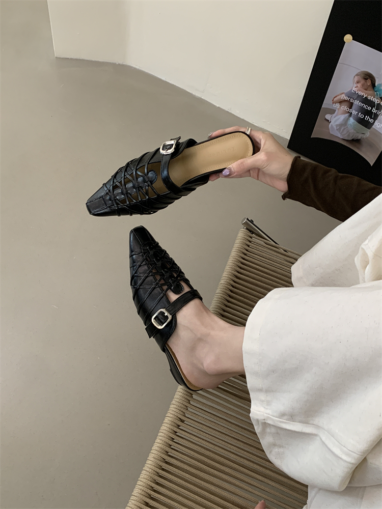 French Retro Hollow Out Slippers Women Low Heel Mule Shoes Slip On Casual Woven Sandals - Image 3