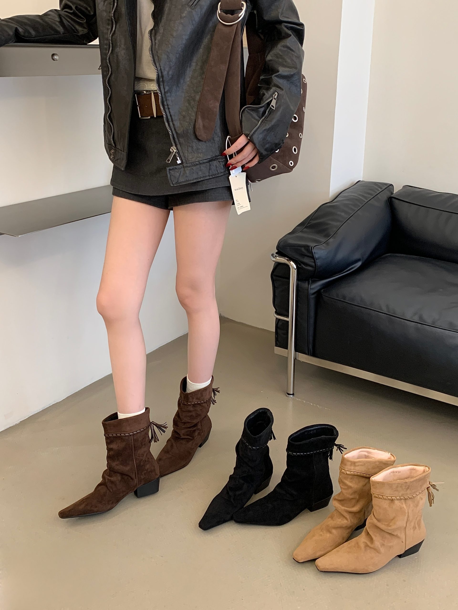 BUBUFLY Woven Fringe Boots Women High Top 2026 Autumn New Nomad Style Suede Chunky Heel Square Toe Mid Calf Western Stacked Boots