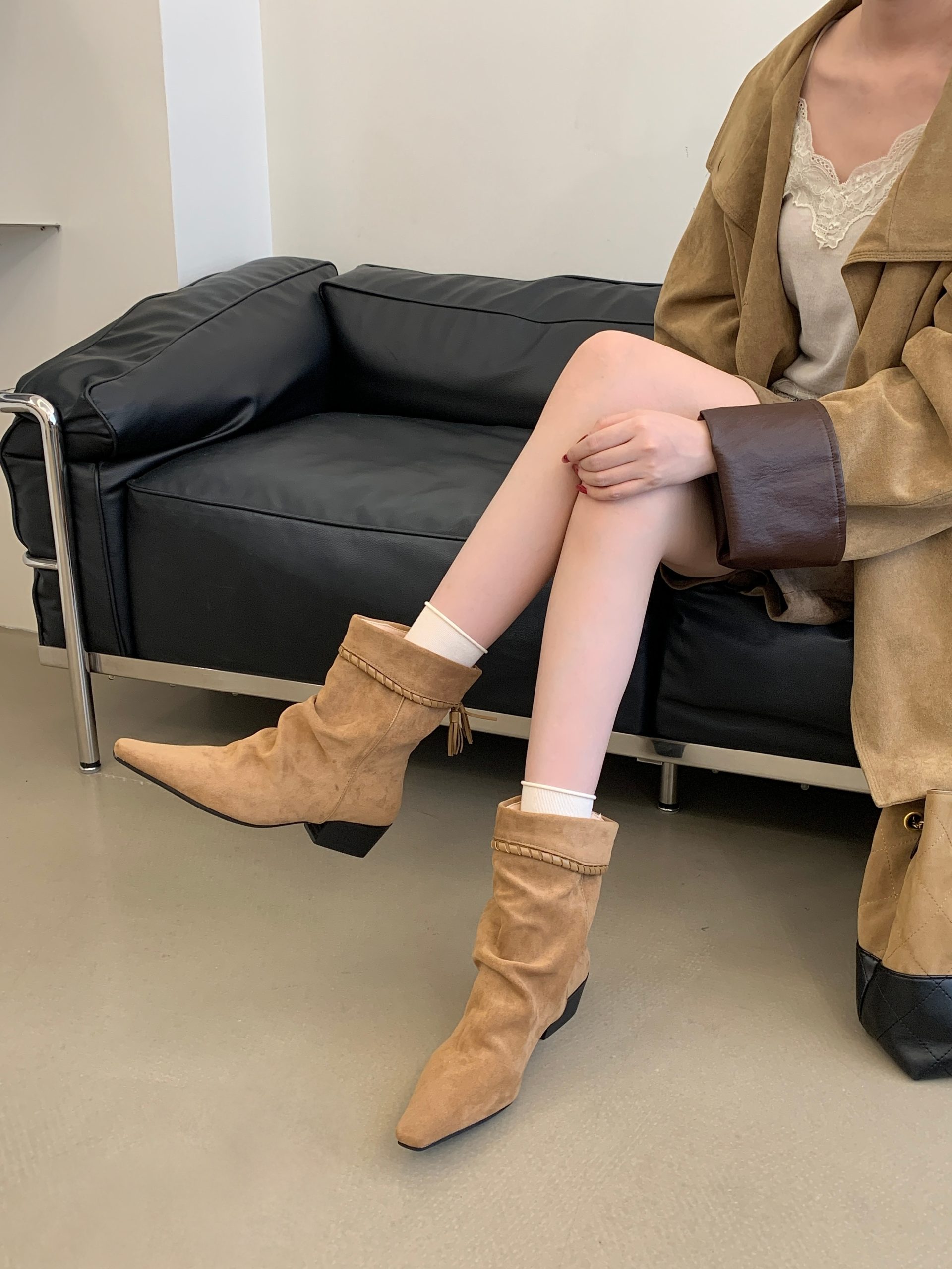 BUBUFLY Woven Fringe Boots Women High Top 2026 Autumn New Nomad Style Suede Chunky Heel Square Toe Mid Calf Western Stacked Boots - Image 2