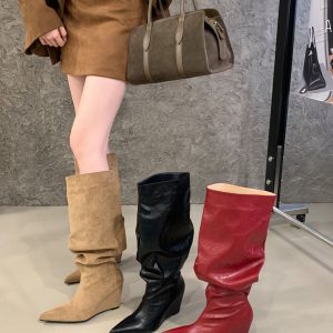 2026 BUBUFLY Pointed Toe Wedge Heel Folded Stack Boots for Women Wine Red Over Knee Fashion Boots