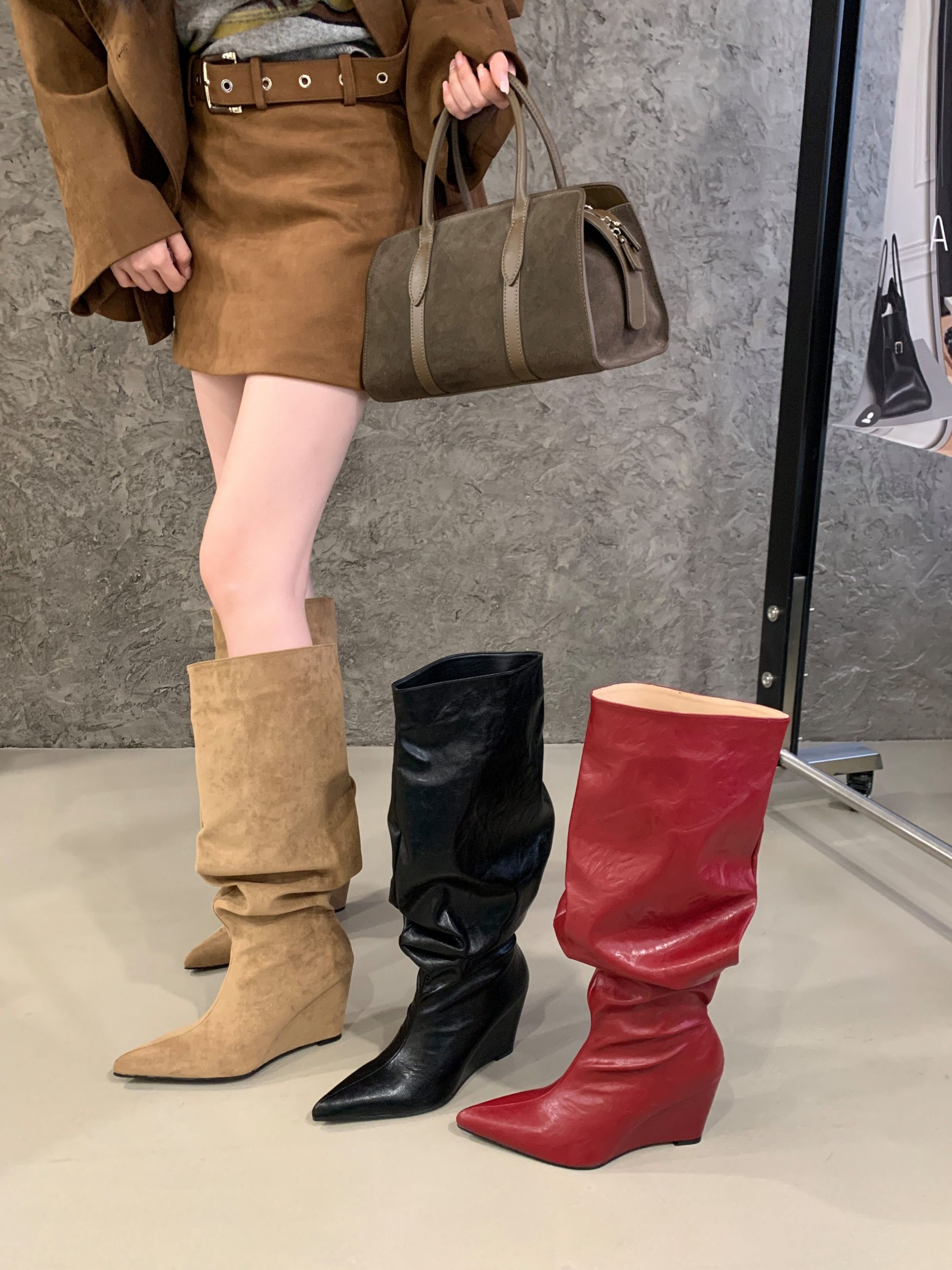 2026 BUBUFLY Pointed Toe Wedge Heel Folded Stack Boots for Women Wine Red Over Knee Fashion Boots