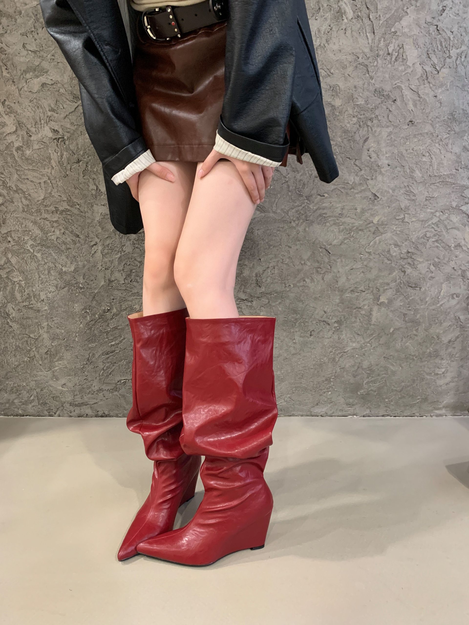 2026 BUBUFLY Pointed Toe Wedge Heel Folded Stack Boots for Women Wine Red Over Knee Fashion Boots - Image 2