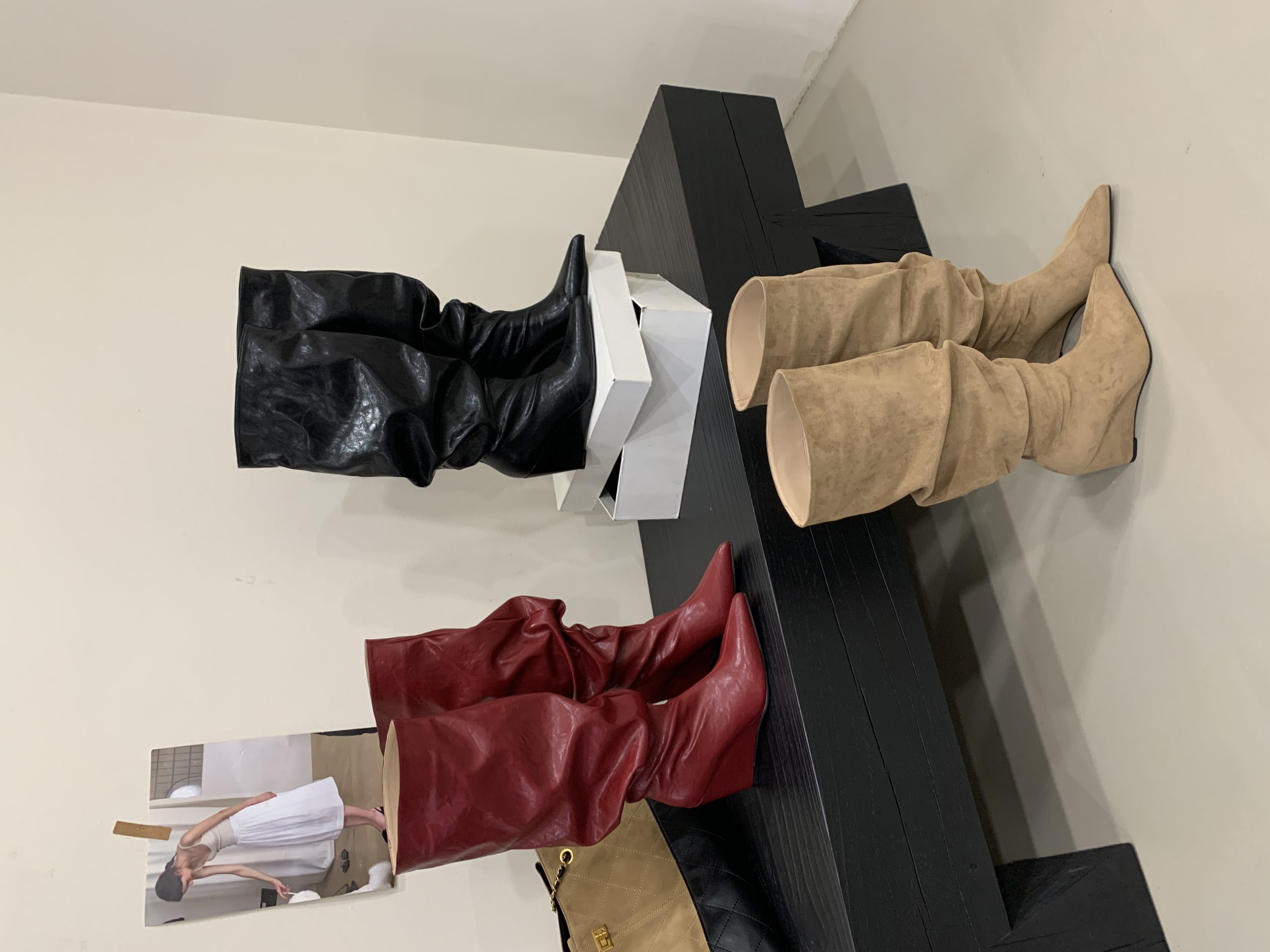 2026 BUBUFLY Pointed Toe Wedge Heel Folded Stack Boots for Women Wine Red Over Knee Fashion Boots - Image 4