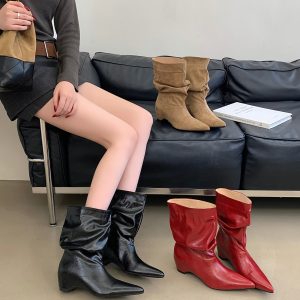 2026 New Sexy Stacked Mid Calf Boots with Pleated Wide Shaft Pointed Toe Fashion Heel Boots
