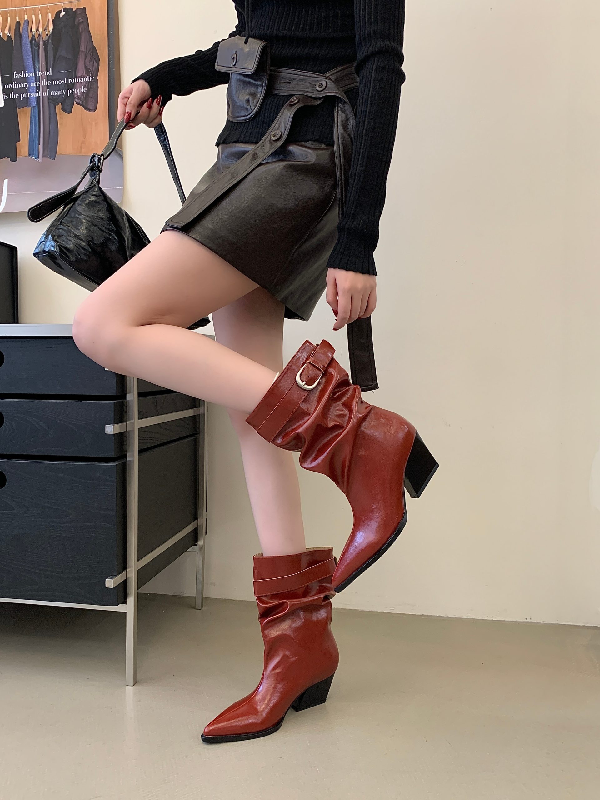 Retro Pointed Toe Chunky Heel Folded Stack Boots Women Belt Buckle Wide Shaft Slimming Fashion Western Short Boots - Image 3