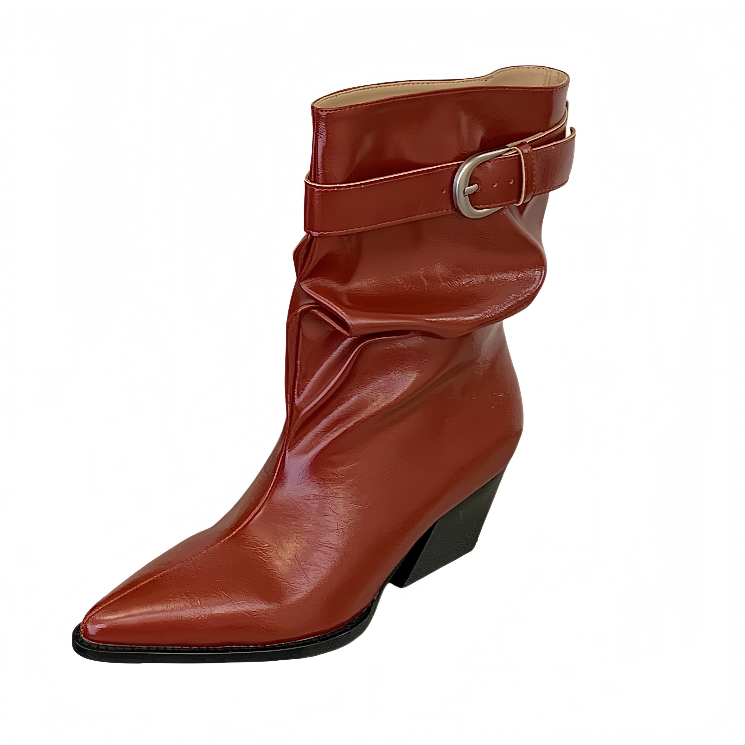 Retro Pointed Toe Chunky Heel Folded Stack Boots Women Belt Buckle Wide Shaft Slimming Fashion Western Short Boots - Image 5